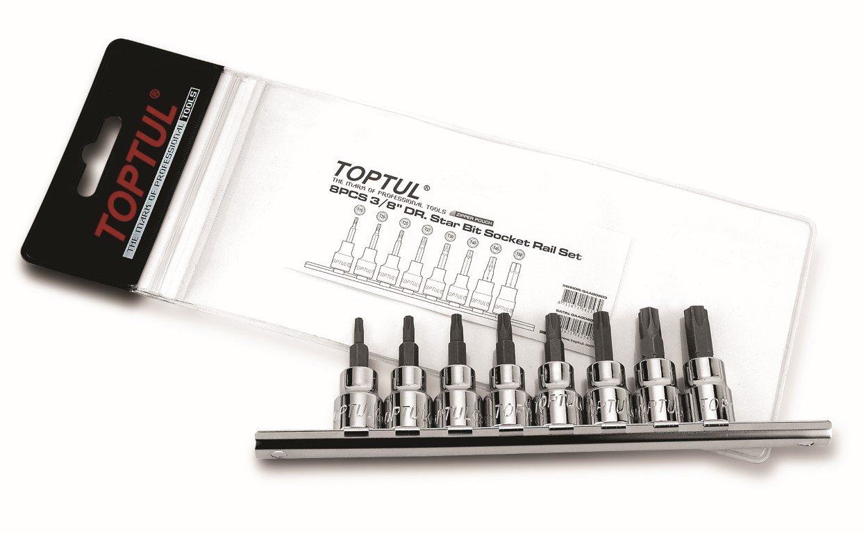 Socket Torx Bits 3/8"Dr on Rail 8pc T15-T50